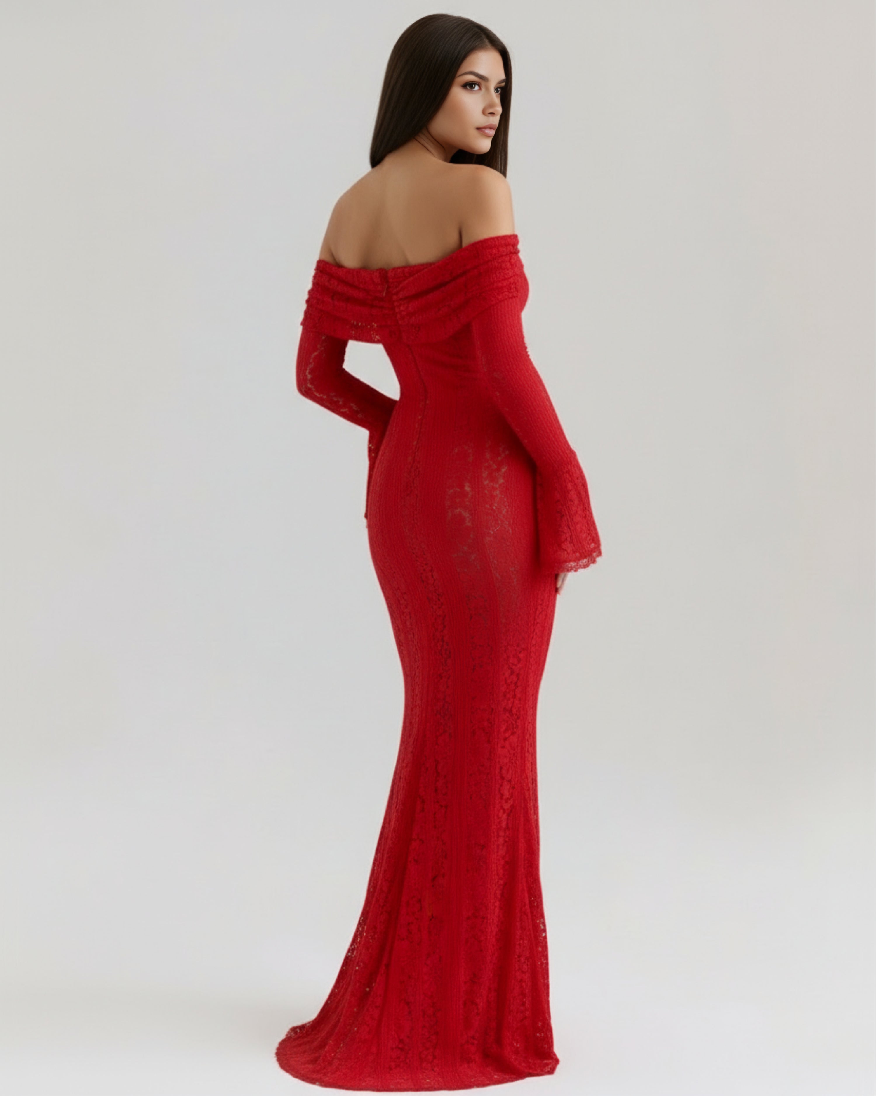 Robe longue dentelle florale épaules dénudées pour femme