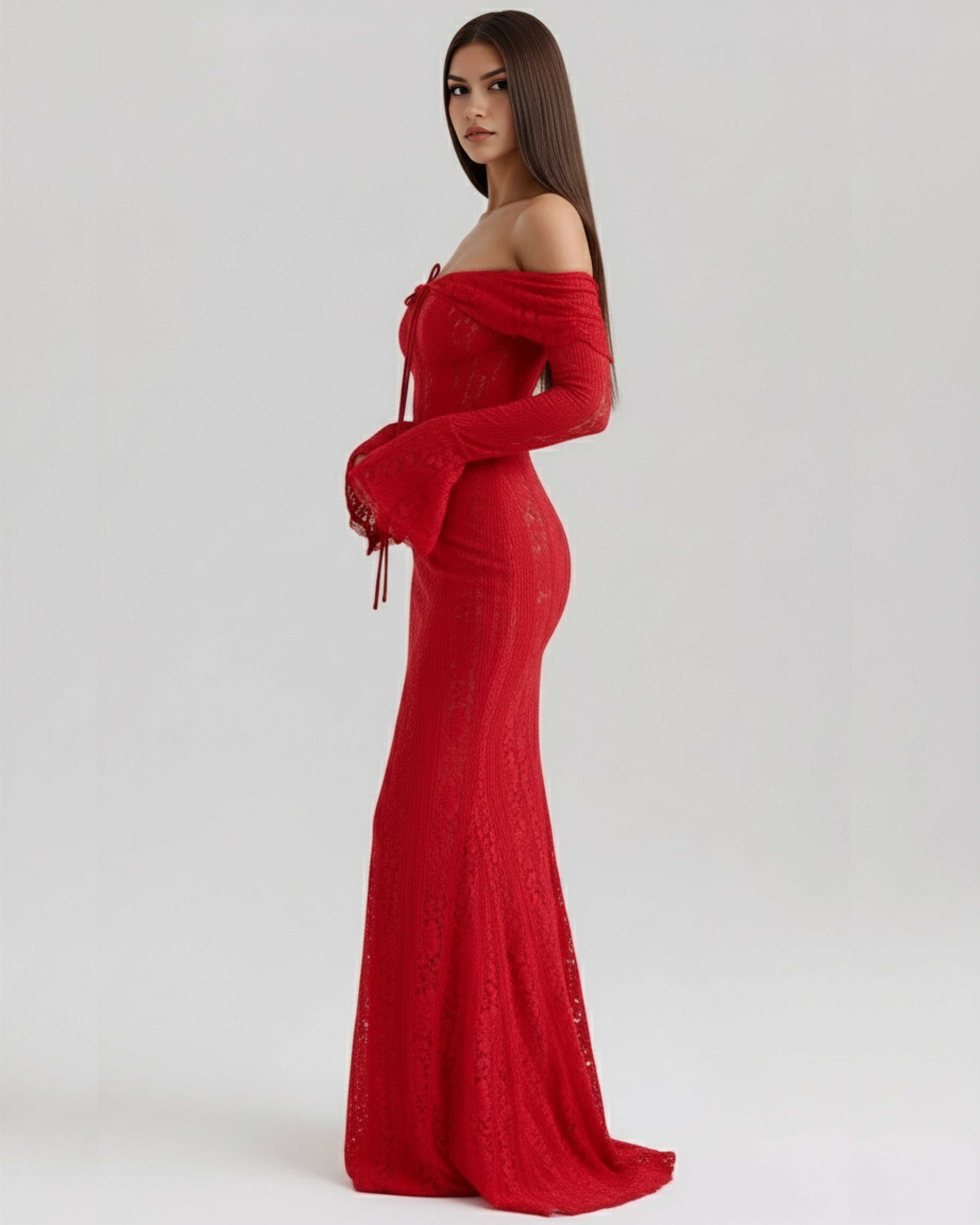 Robe longue dentelle florale épaules dénudées pour femme