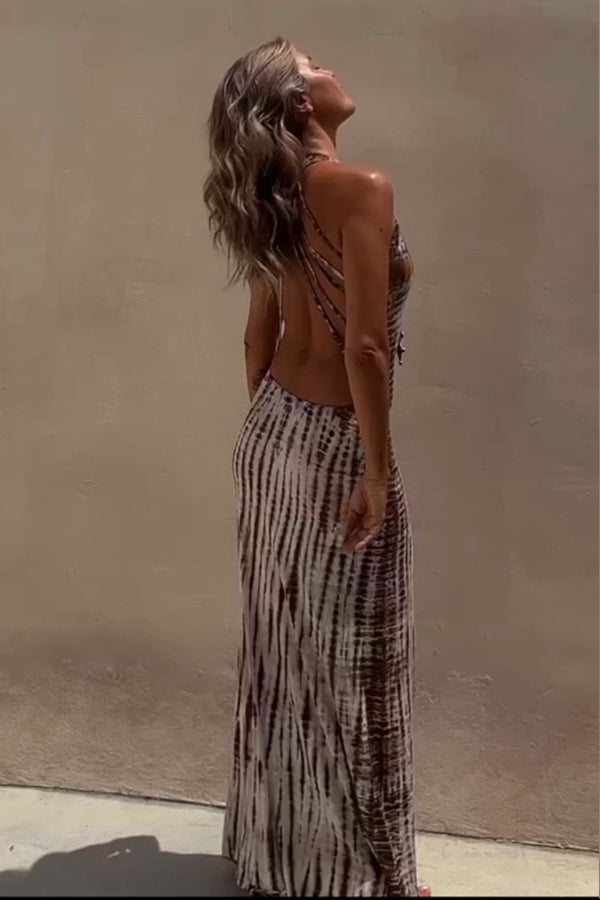 Robe longue dos nu à brides croisées marron pour femme