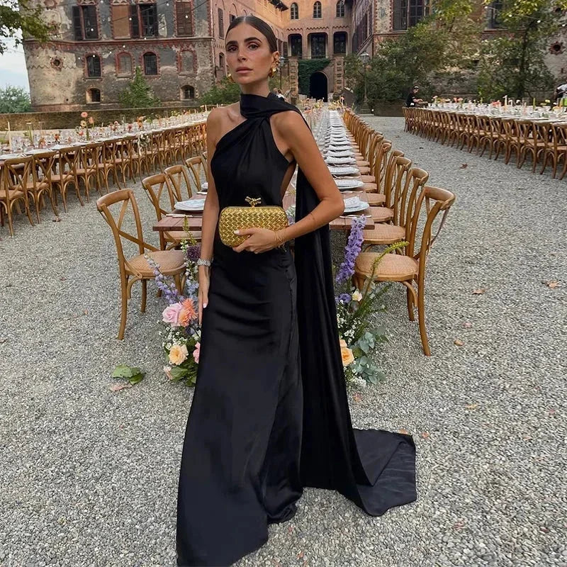 Robe longue drapée asymétrique à bretelle unique pour femme