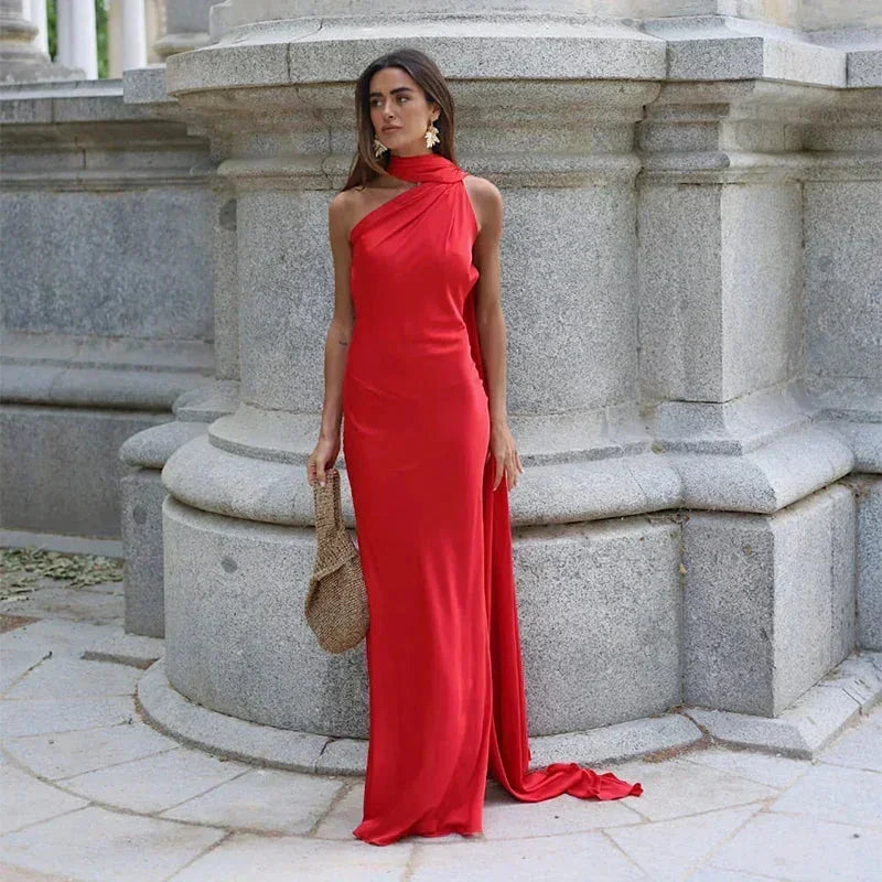 Robe longue drapée asymétrique à bretelle unique pour femme
