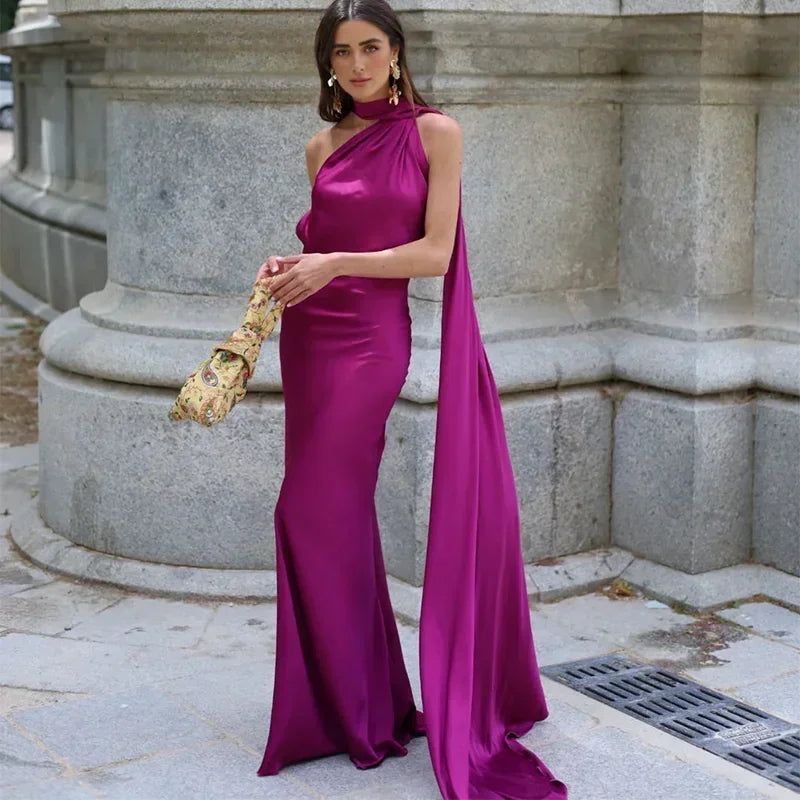 Robe longue drapée asymétrique à bretelle unique pour femme