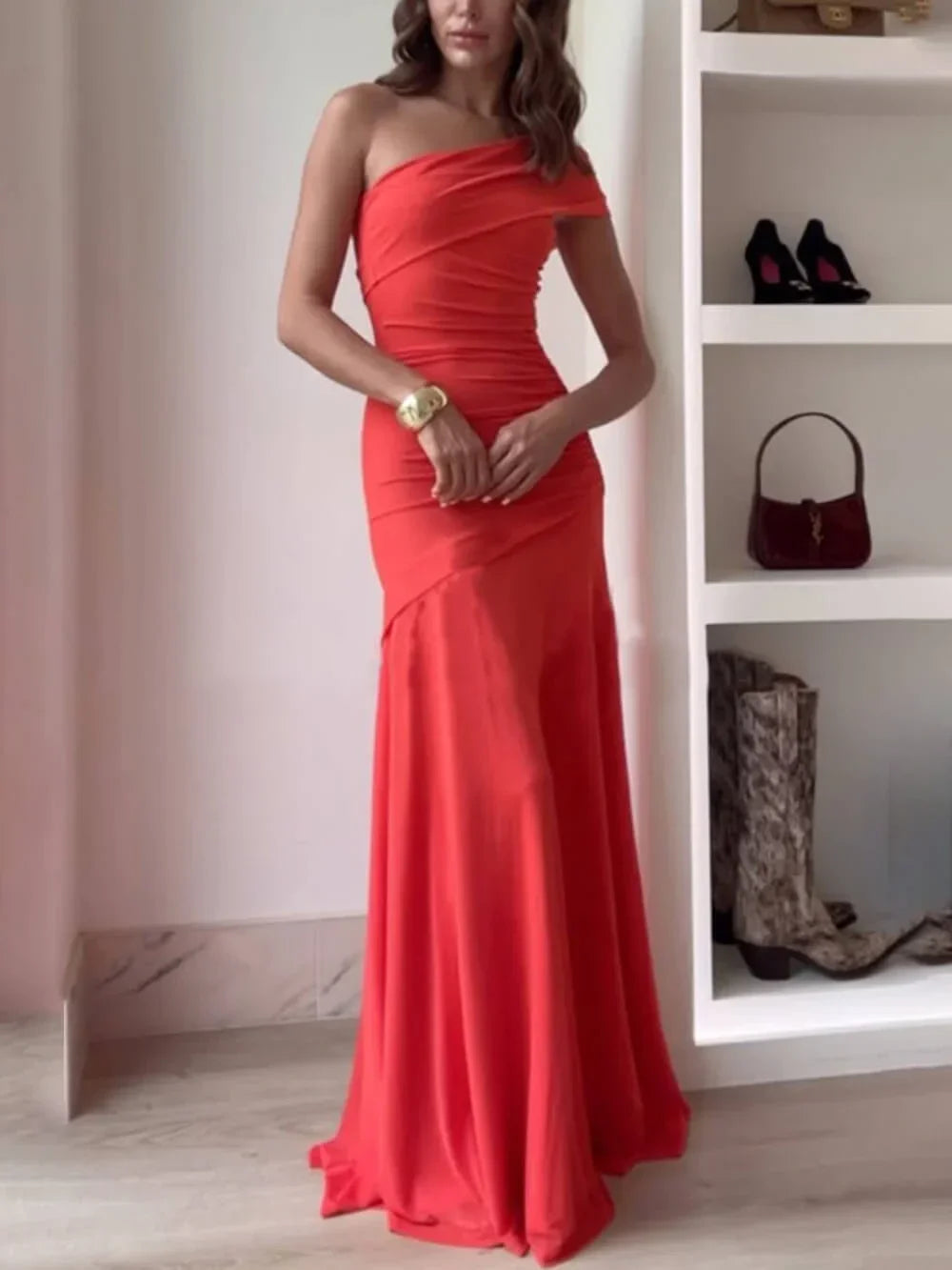 Robe longue drapée asymétrique une épaule pour femme