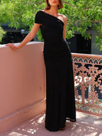 Robe longue drapée asymétrique une épaule pour femme