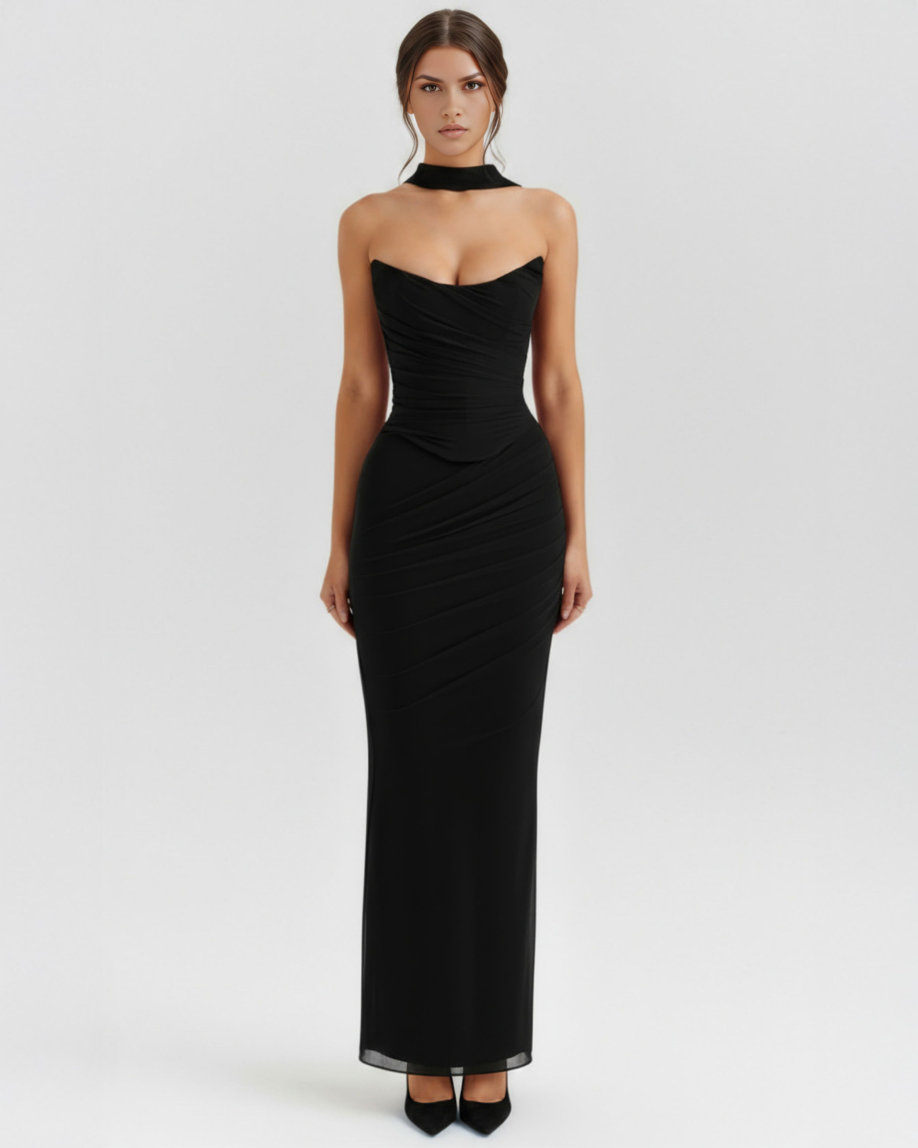 Robe longue drapée bustier col halter