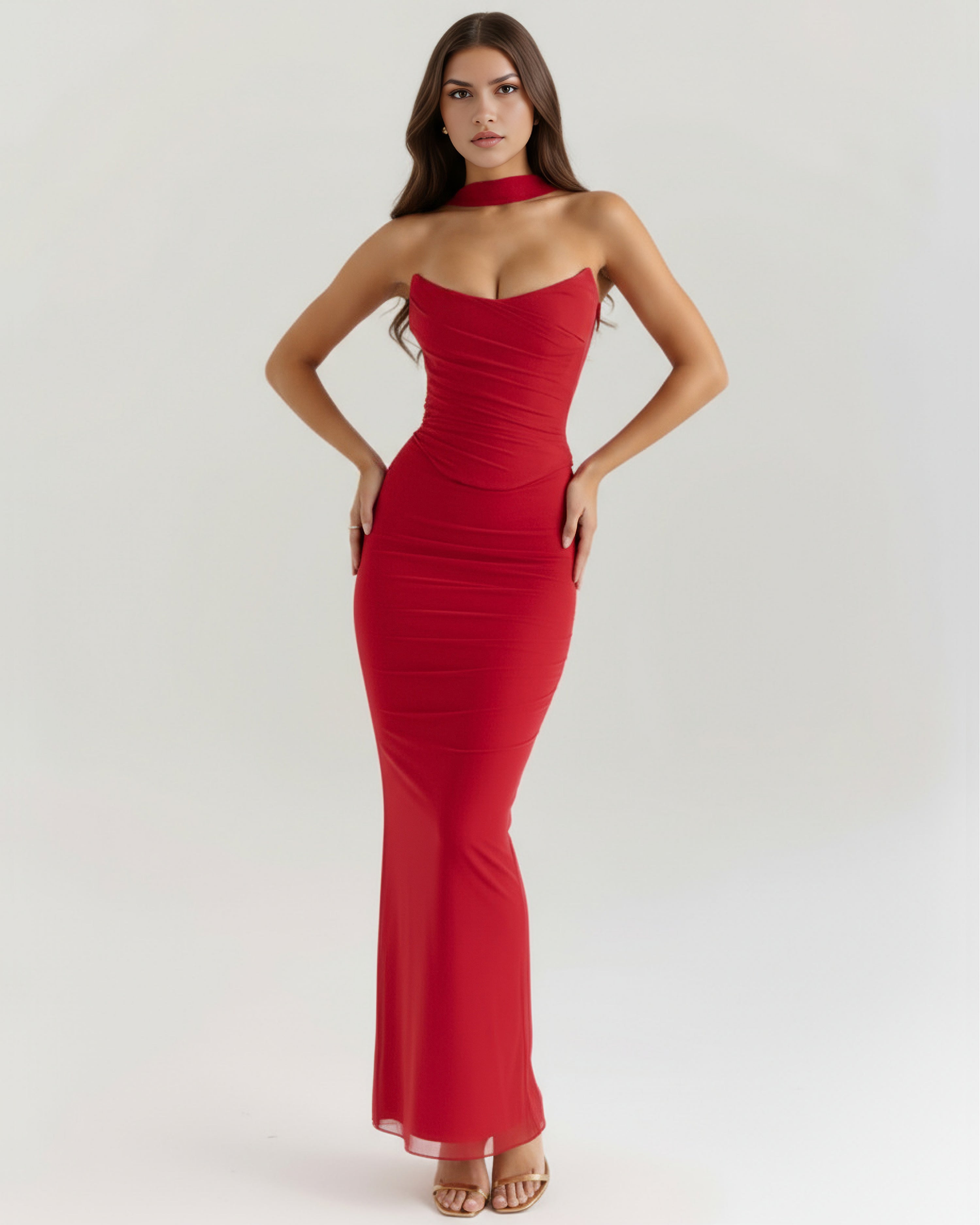 Robe longue drapée bustier col halter