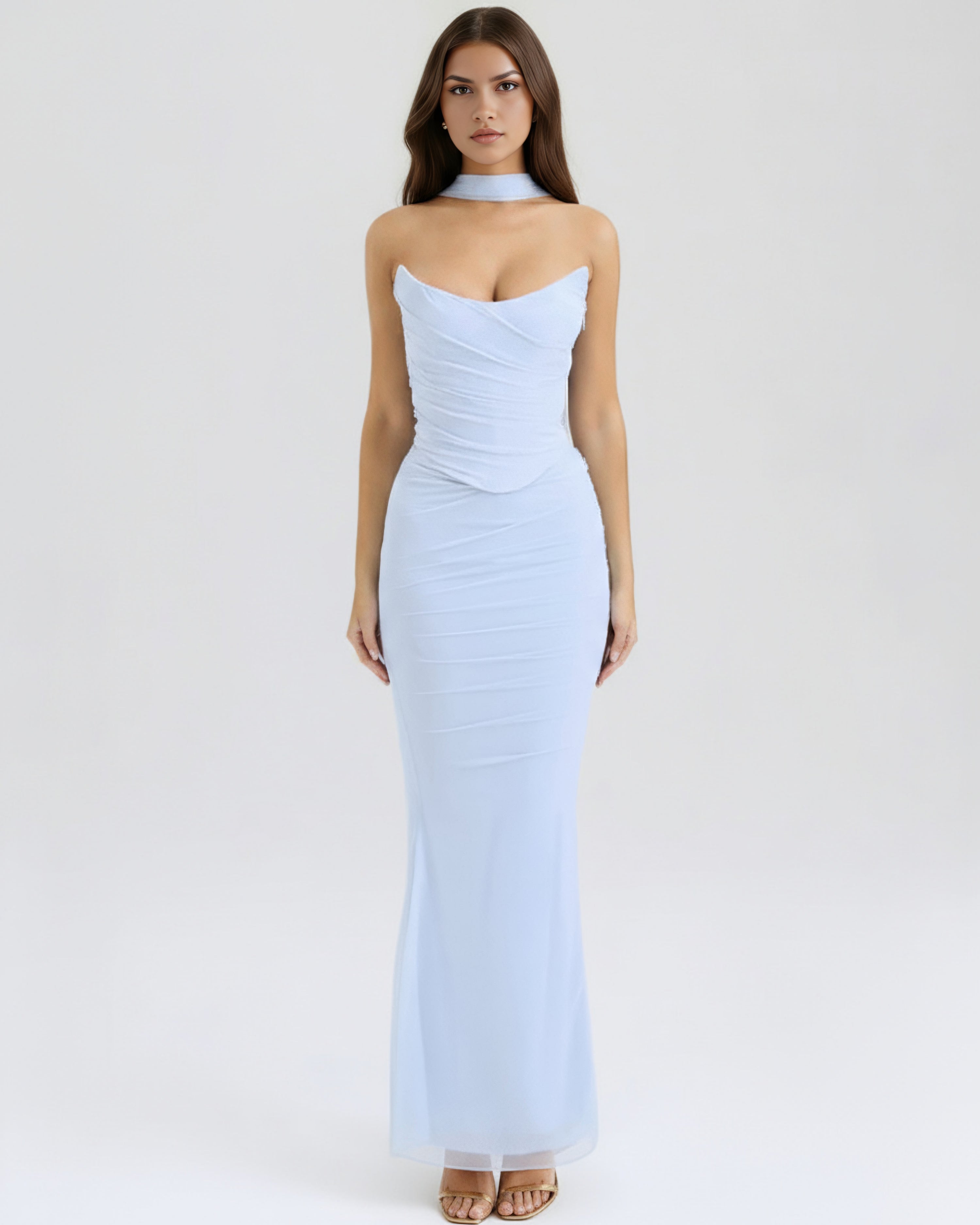 Robe longue drapée bustier col halter
