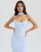 Robe longue drapée bustier col halter