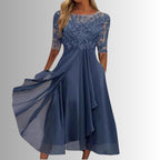 Robe longue en mousseline et dentelle à manches 3/4 pour femme