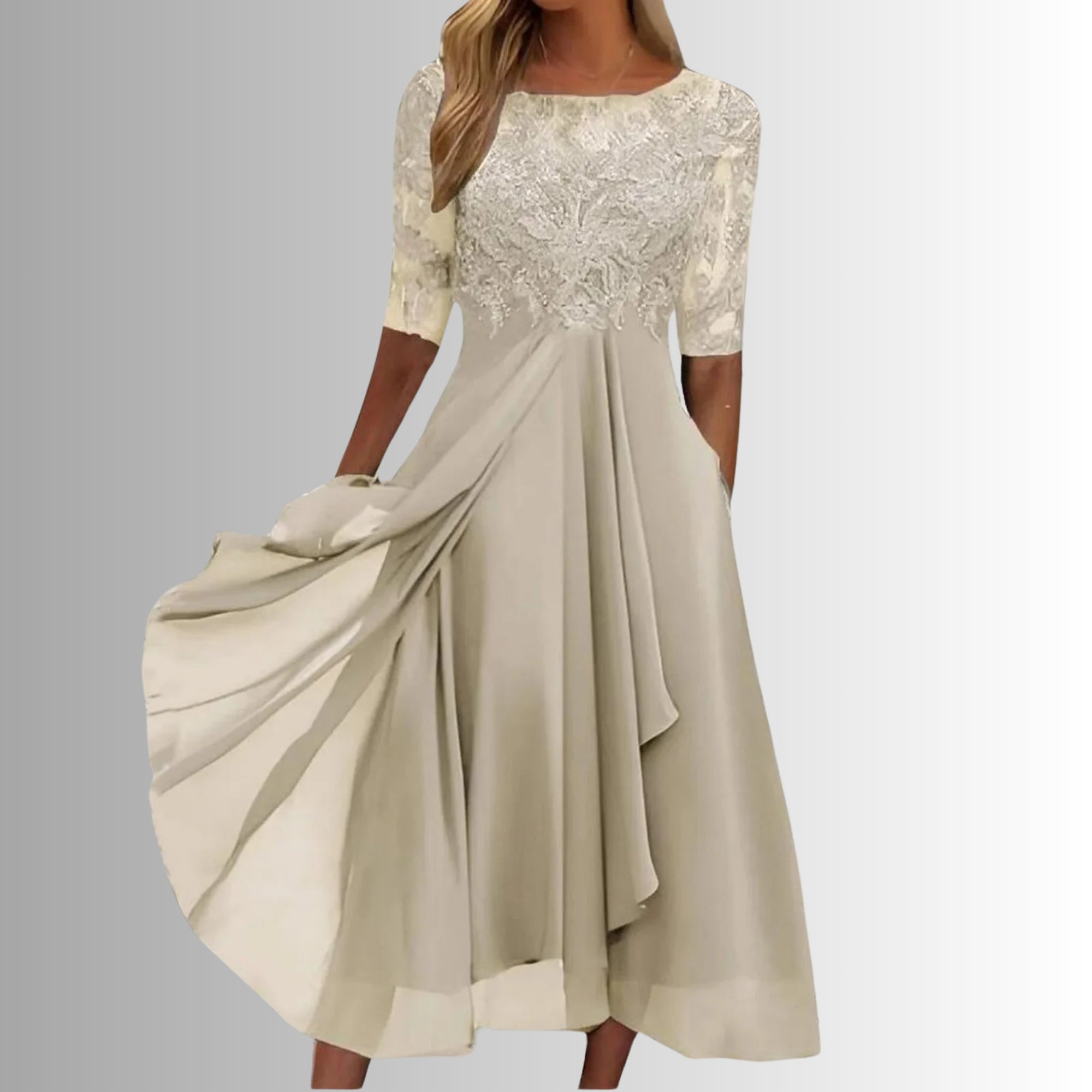 Robe longue en mousseline et dentelle à manches 3/4 pour femme