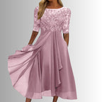 Robe longue en mousseline et dentelle à manches 3/4 pour femme