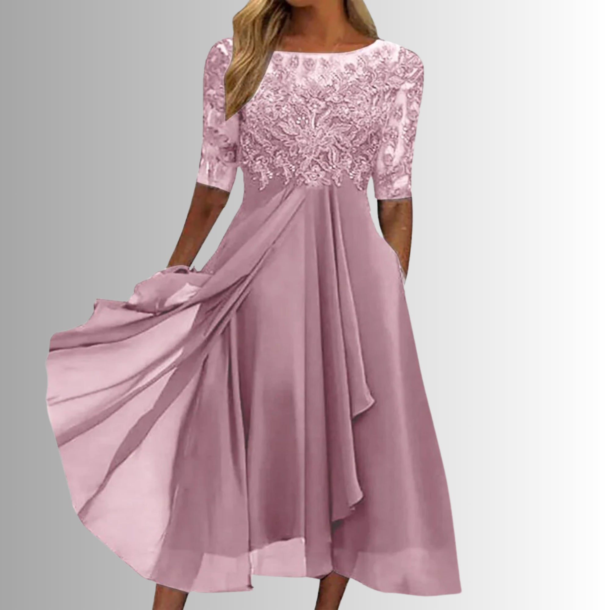 Robe longue en mousseline et dentelle à manches 3/4 pour femme