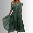 Robe longue en mousseline et dentelle à manches 3/4 pour femme