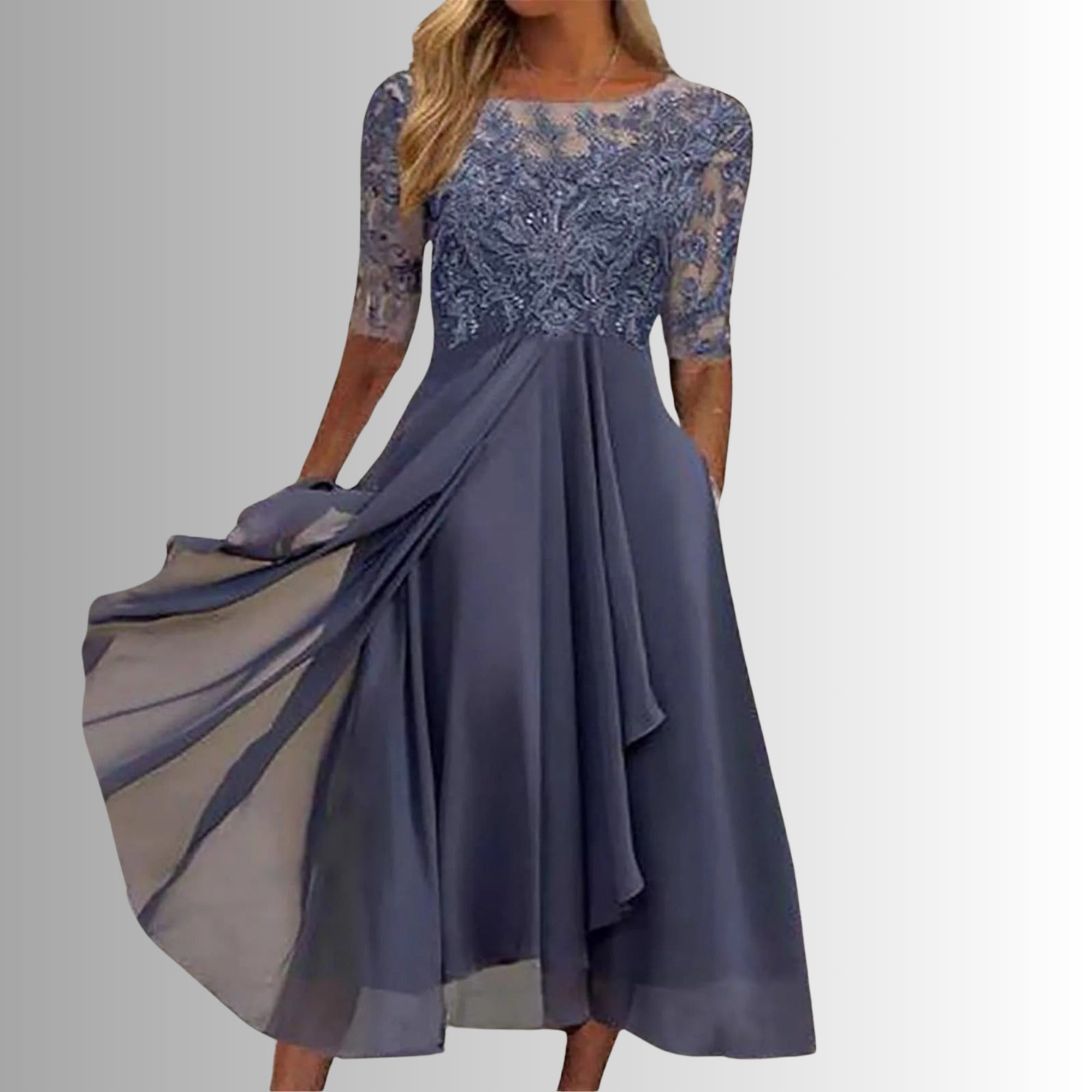 Robe longue en mousseline et dentelle à manches 3/4 pour femme