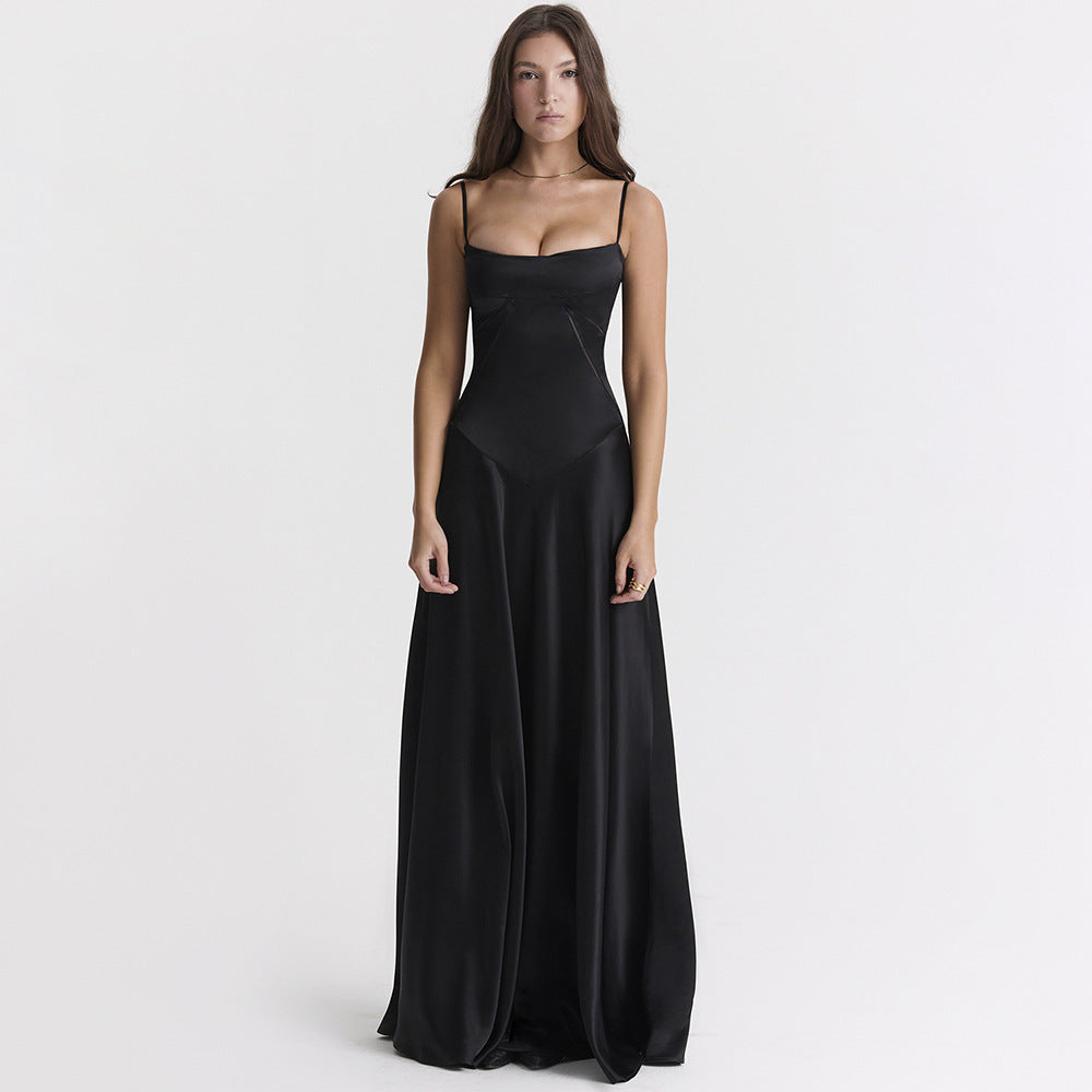 Robe longue en satin à bretelles fines pour femme