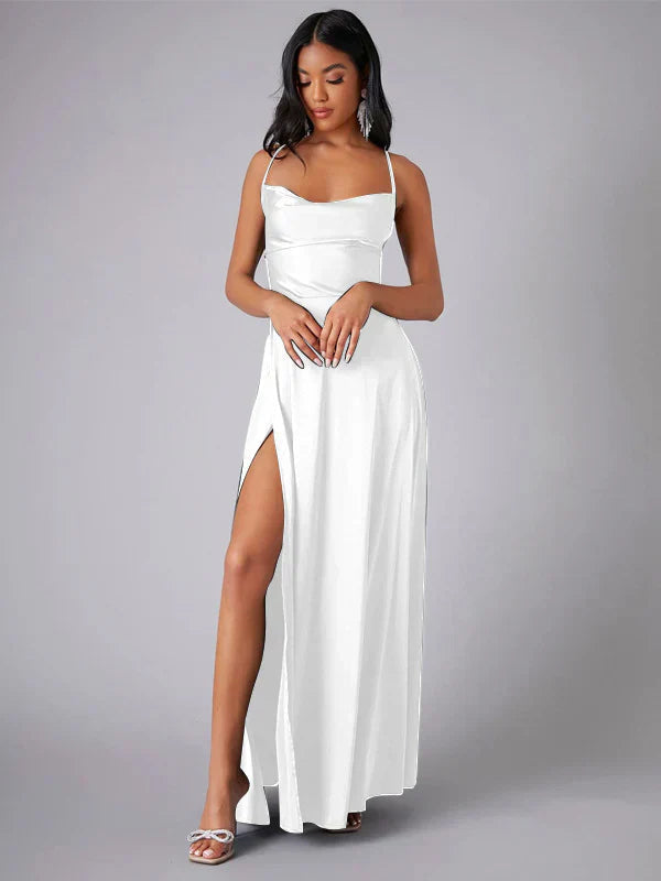 Robe longue en satin à bretelles fines et fente pour femme