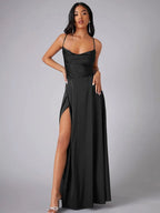 Robe longue en satin à bretelles fines et fente pour femme