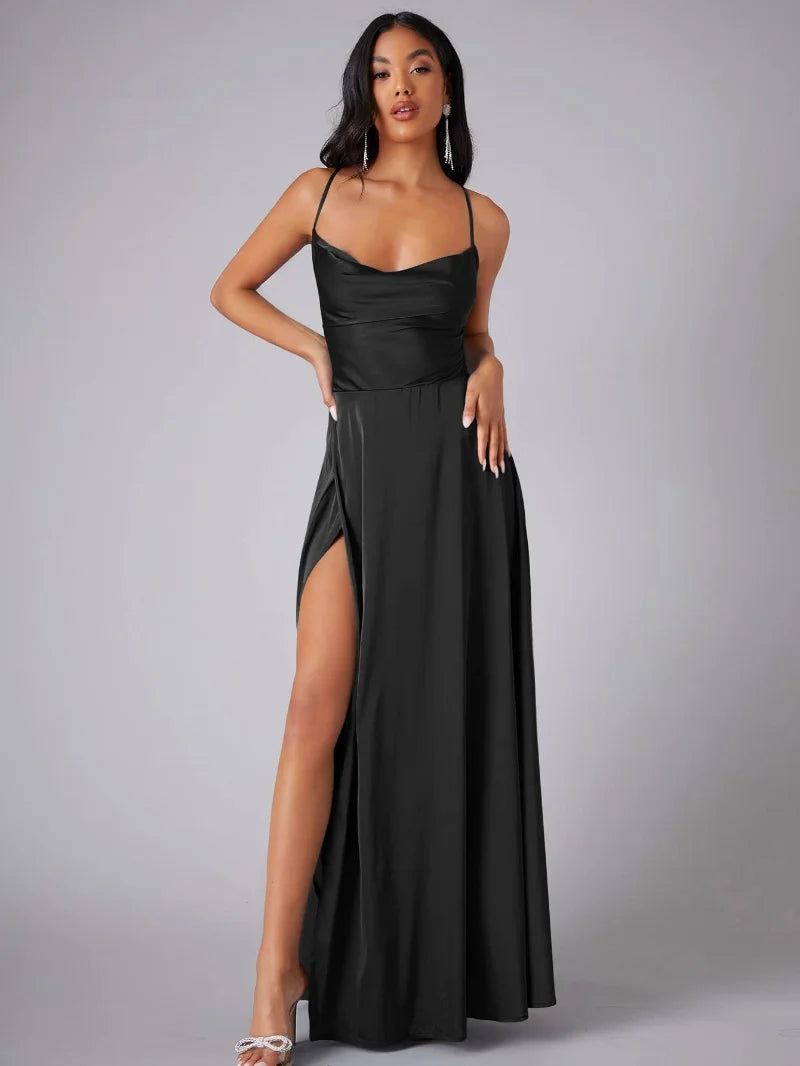 Robe longue en satin à bretelles fines et fente pour femme