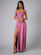 Robe longue en satin à bretelles fines et fente pour femme