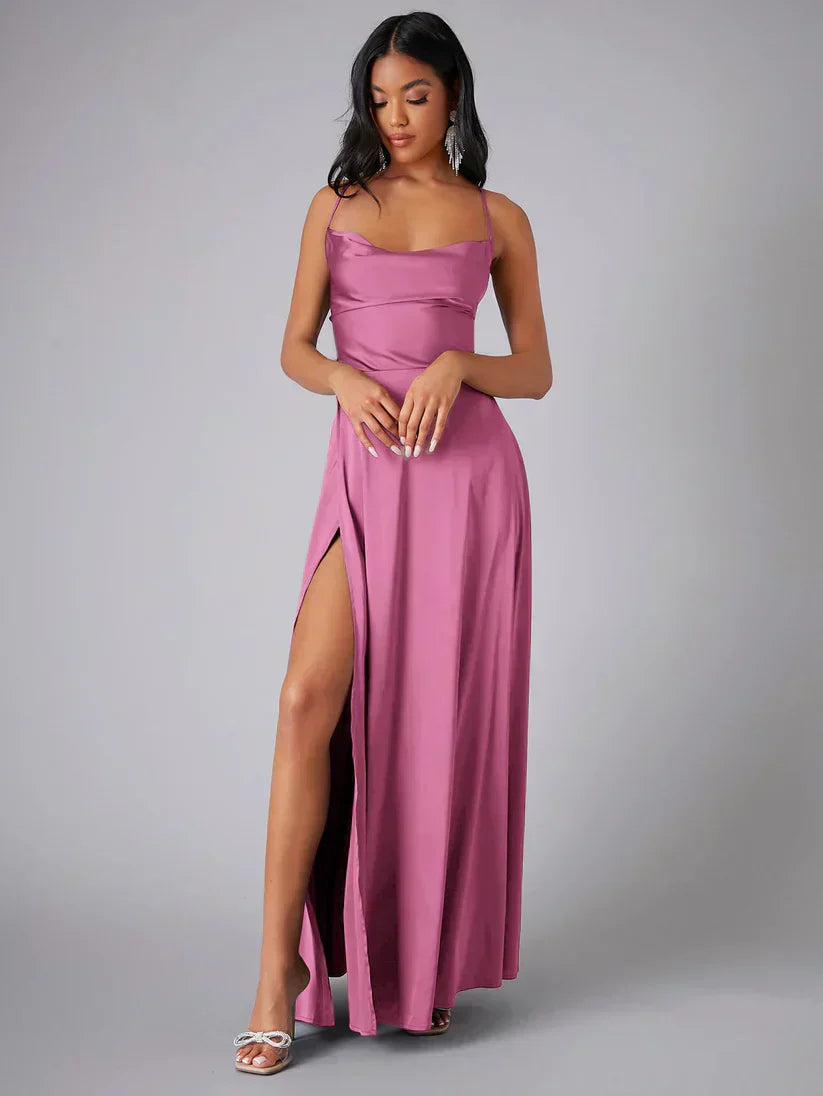 Robe longue en satin à bretelles fines et fente pour femme