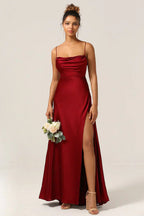 Robe longue en satin à bretelles fines et fente pour femme