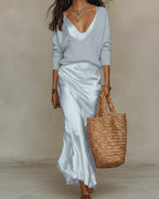 Robe longue en satin col V à bretelles fines pour femme