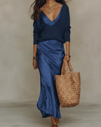 Robe longue en satin col V à bretelles fines pour femme