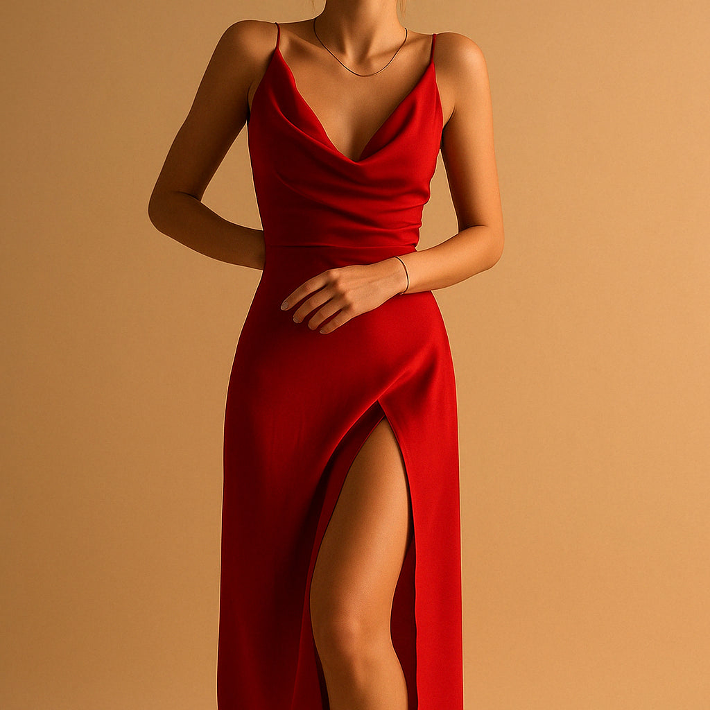 Robe longue en satin décolleté drapé fente latérale pour femme