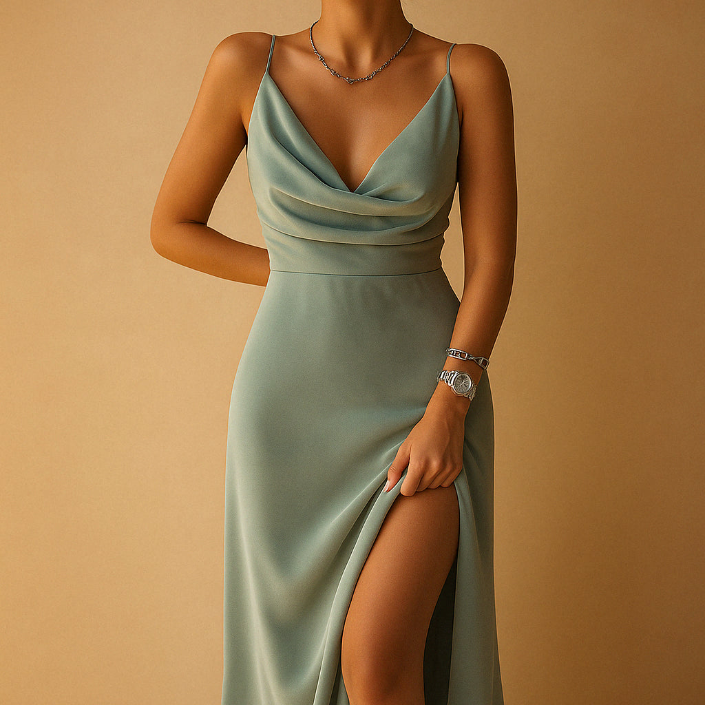 Robe longue en satin décolleté drapé fente latérale pour femme