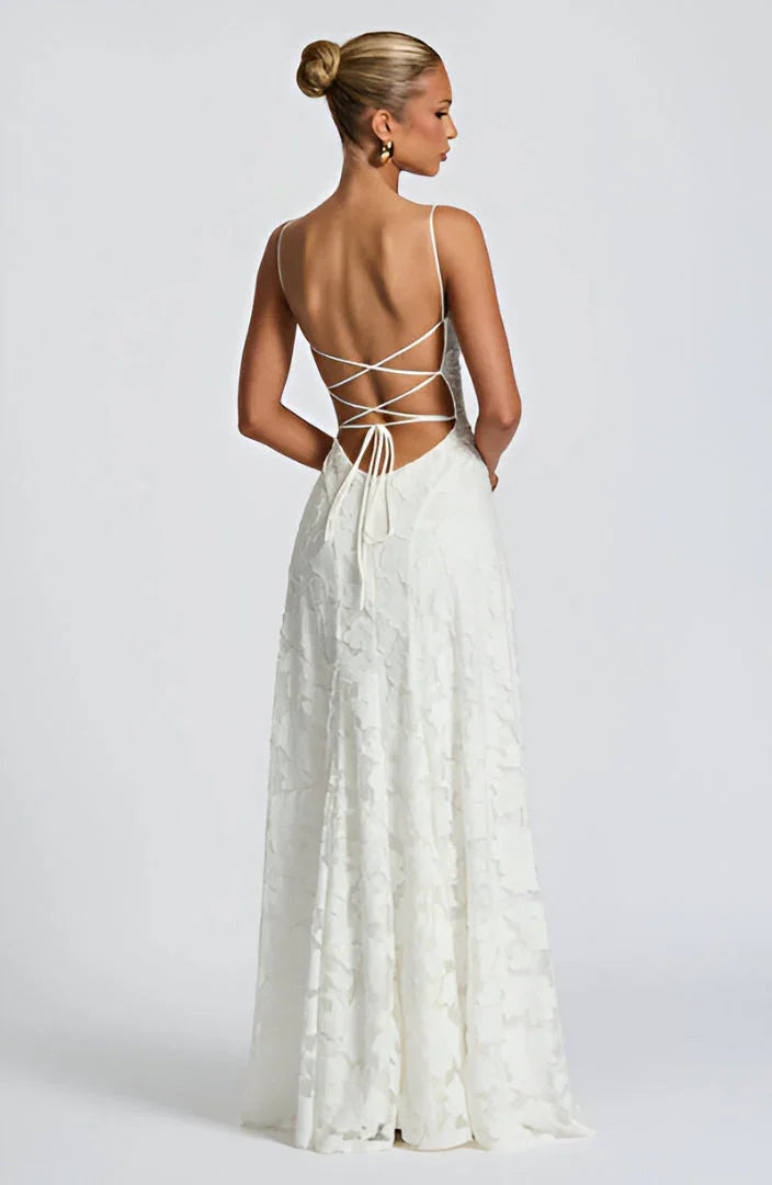 Robe longue en tulle à motifs floraux appliqués pour femme