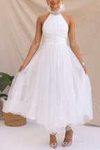 Robe longue tulle col montant américain blanc pour femme