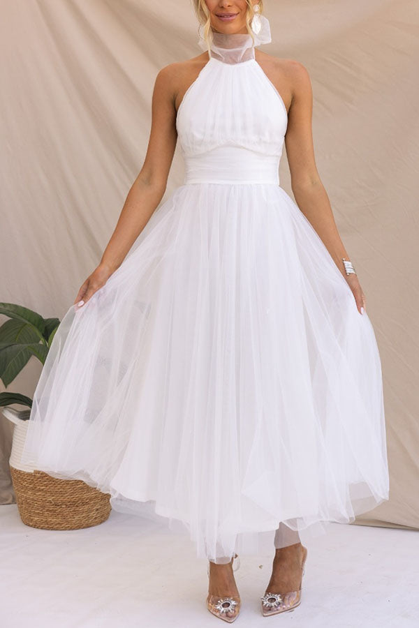 Robe longue tulle col montant américain blanc pour femme