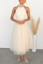 Robe longue tulle col montant américain crème pour femme