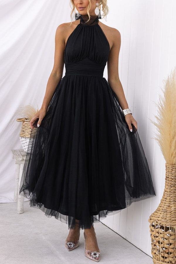 Robe longue tulle col montant américain noir pour femme