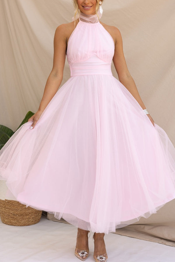 Robe longue tulle col montant américain rose pour femme