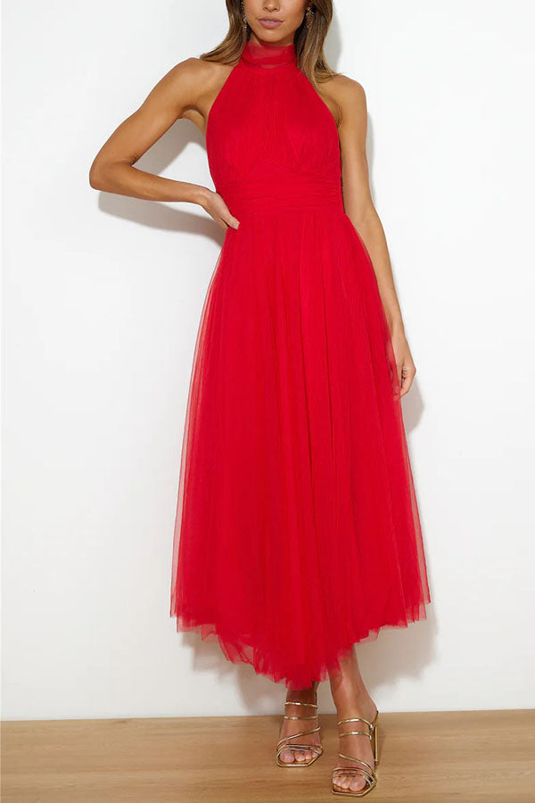 Robe longue tulle col montant américain rouge pour femme