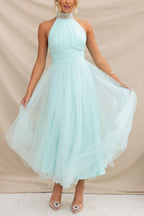 Robe longue tulle col montant américain vert pour femme