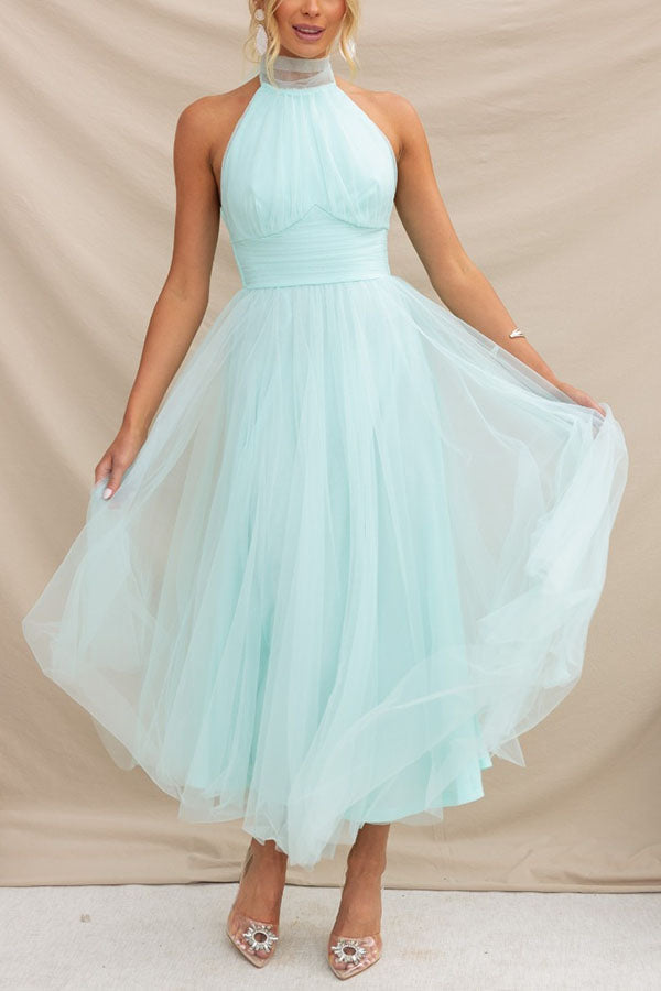Robe longue tulle col montant américain vert pour femme