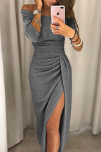 Robe longue épaules dénudées avec fente pailletée pour femme