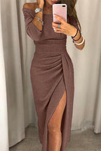 Robe longue épaules dénudées avec fente pailletée pour femme