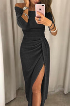 Robe longue épaules dénudées avec fente pailletée pour femme