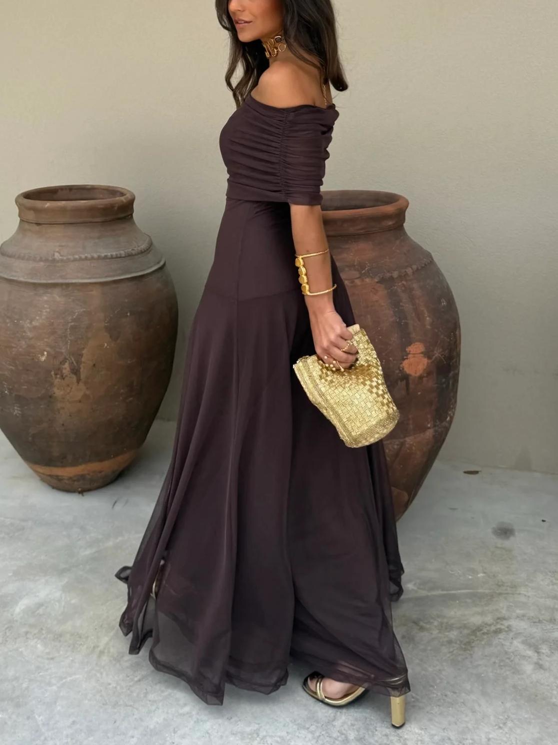 Robe longue en mousseline à épaules dénudées pour femme