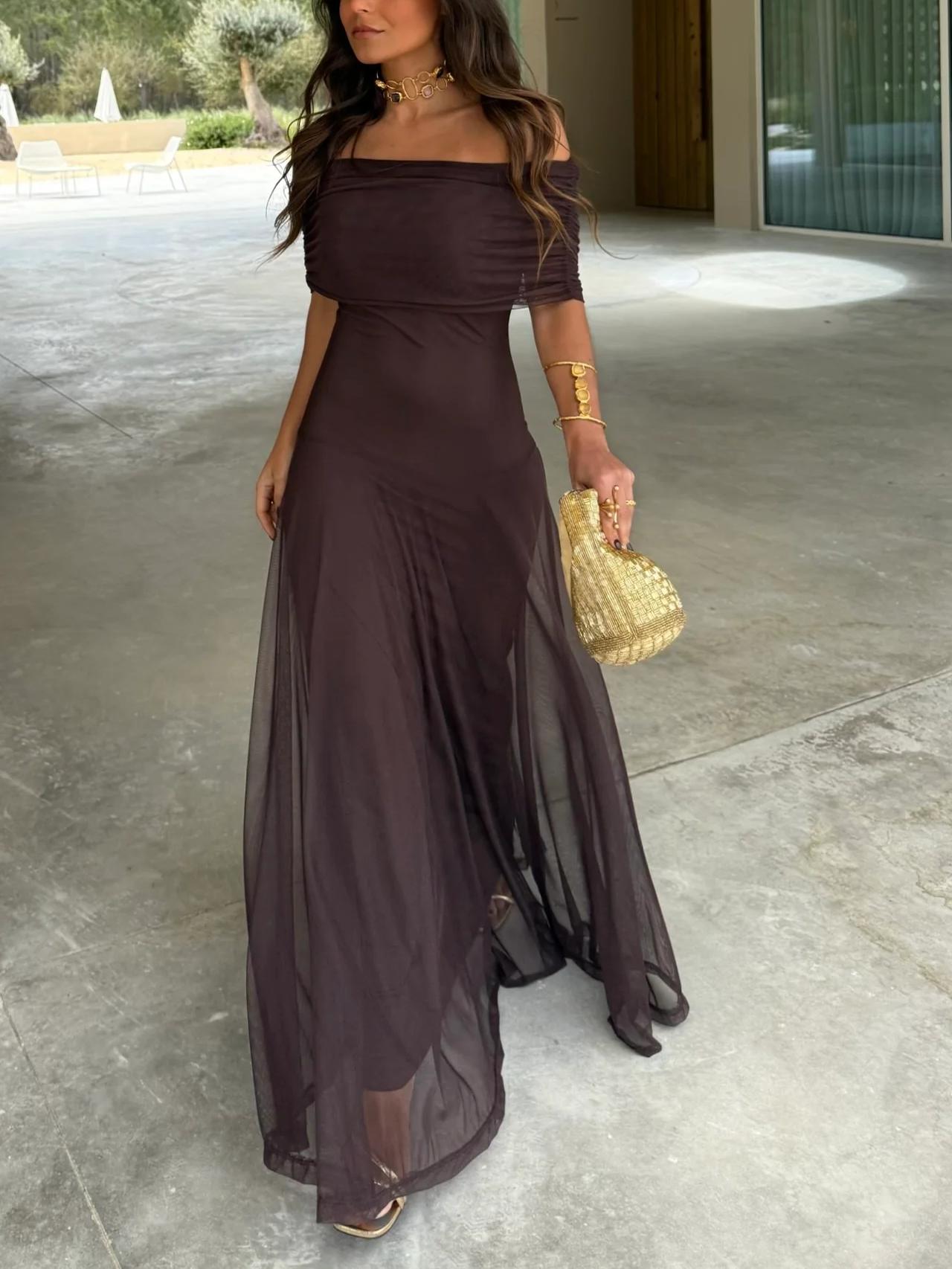 Robe longue en mousseline à épaules dénudées pour femme