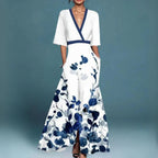 Robe longue fleurie brodée à col V pour femme
