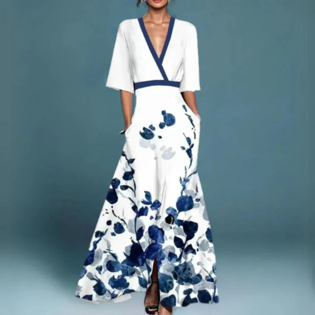 Robe longue fleurie brodée à col V pour femme