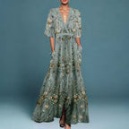 Robe longue fleurie brodée à col V pour femme