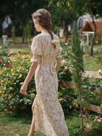 Robe longue fleurie jaune col V manches courtes pour femme