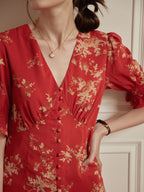 Robe longue fleurie jaune col V manches courtes pour femme