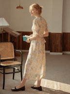 Robe longue fleurie jaune col V manches courtes pour femme