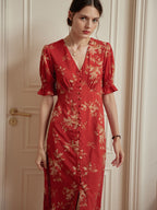 Robe longue fleurie jaune col V manches courtes pour femme